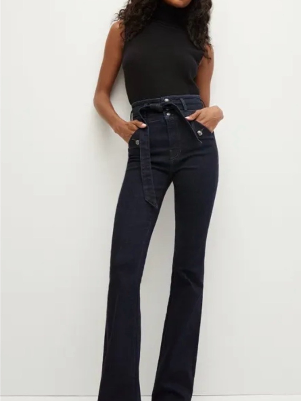 Veronica Beard “Giselle” High-Rise Belted Flare Jeans Indigo wash